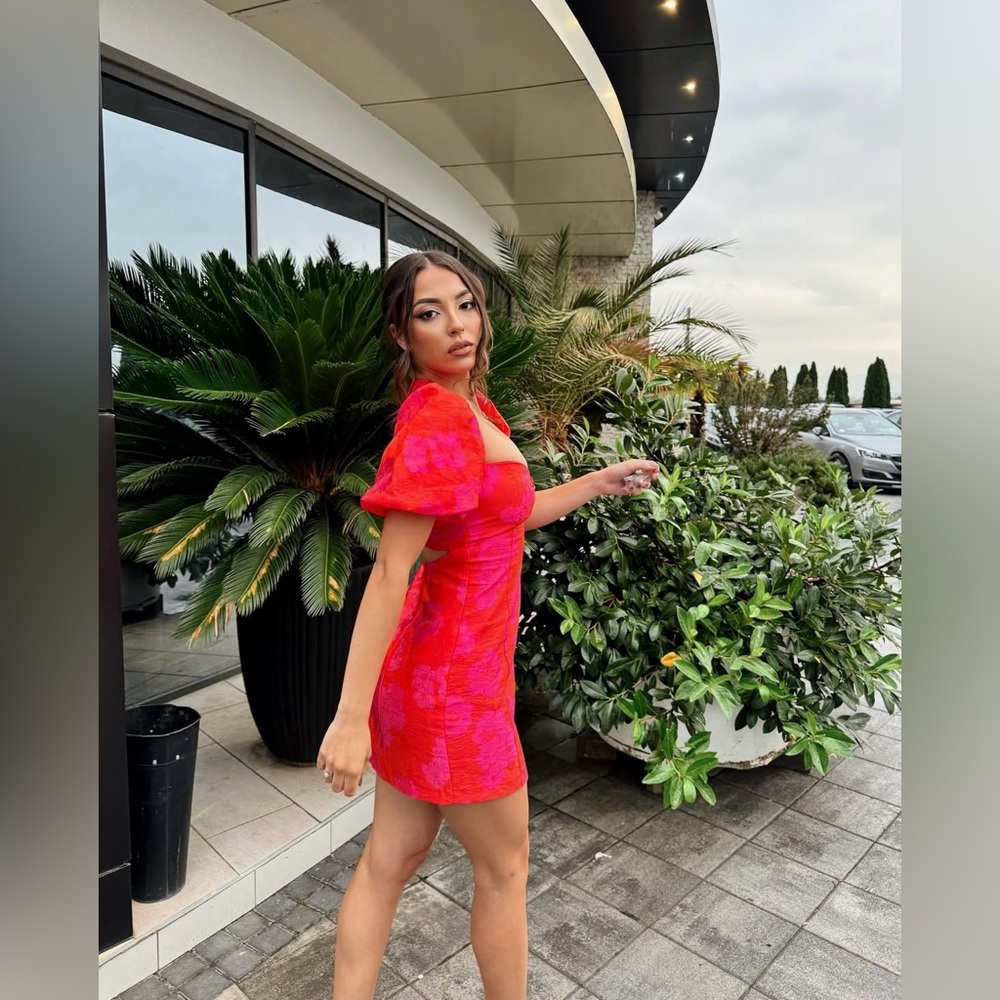 Zara dress mini puff wide sleeve cut out hot Pink Floral wedding summer vacation - Picture 7 of 12